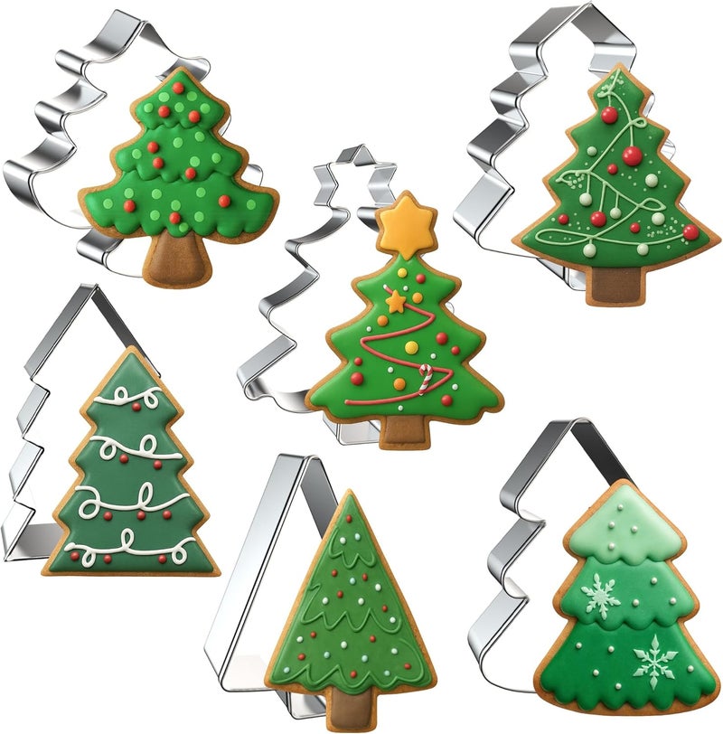 FUSOTO 6PCS Christmas Tree Cookie Cutter Set, Christmas Cookie Cutters, Holiday Shaped Biscuit Molds, Stainless Steel Baking Supplies for Homemade Cookies, Tree - Image 1